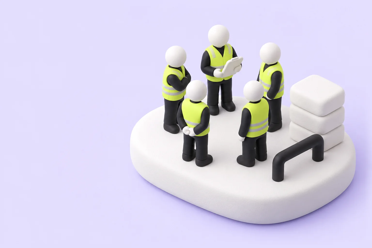 Miniature site crew in hi-vis vests at a morning briefing