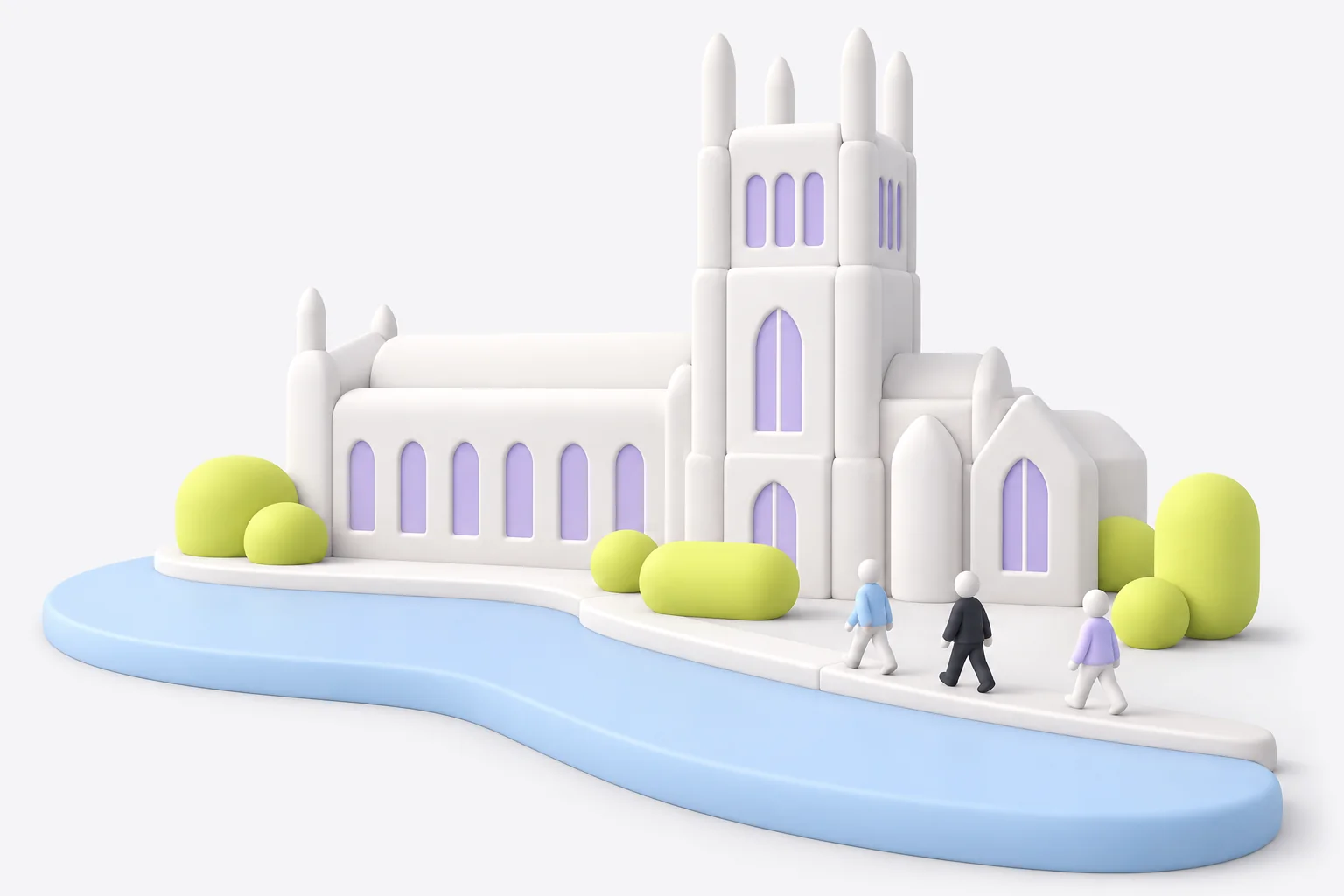 A soft clay model of a cathedral town beside a river, with people walking along the bank