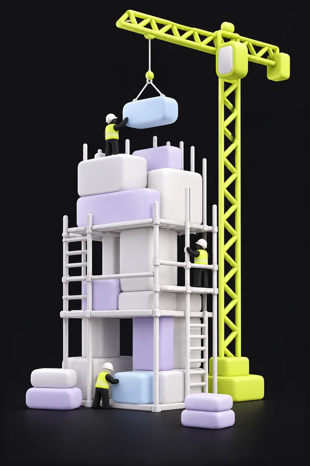 A tower under construction with a lime crane lifting a block