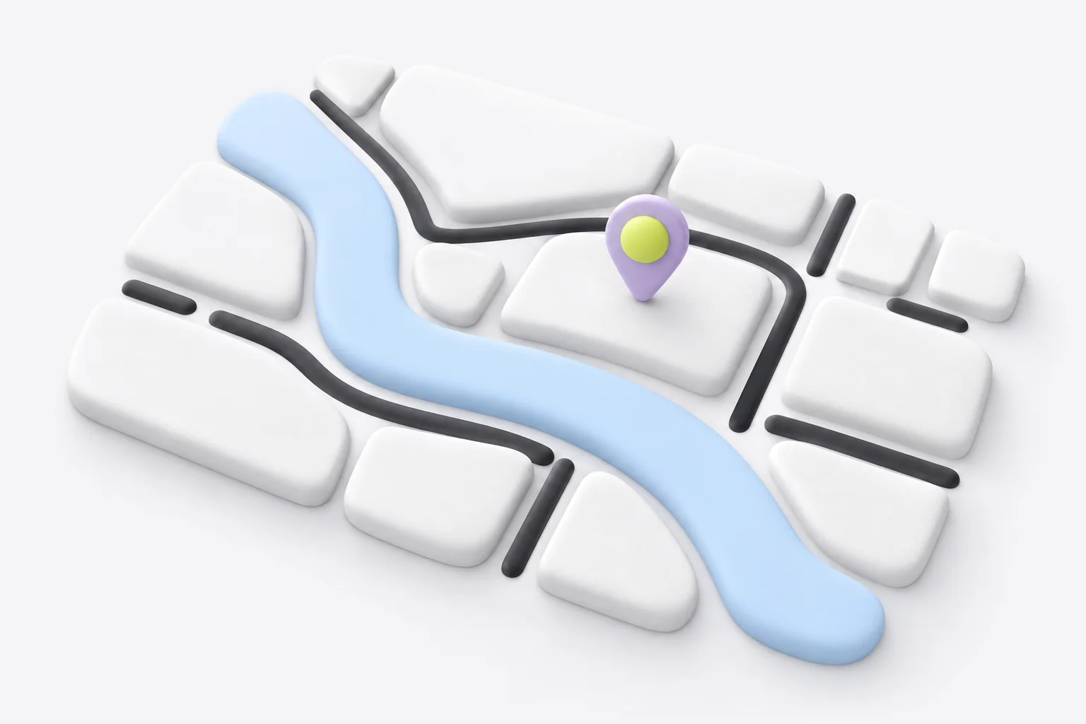 A soft relief map with a river, roads and one location pin