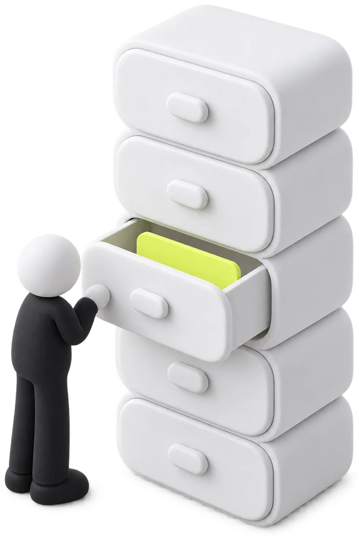 A figure looking into an open drawer with one bright card inside