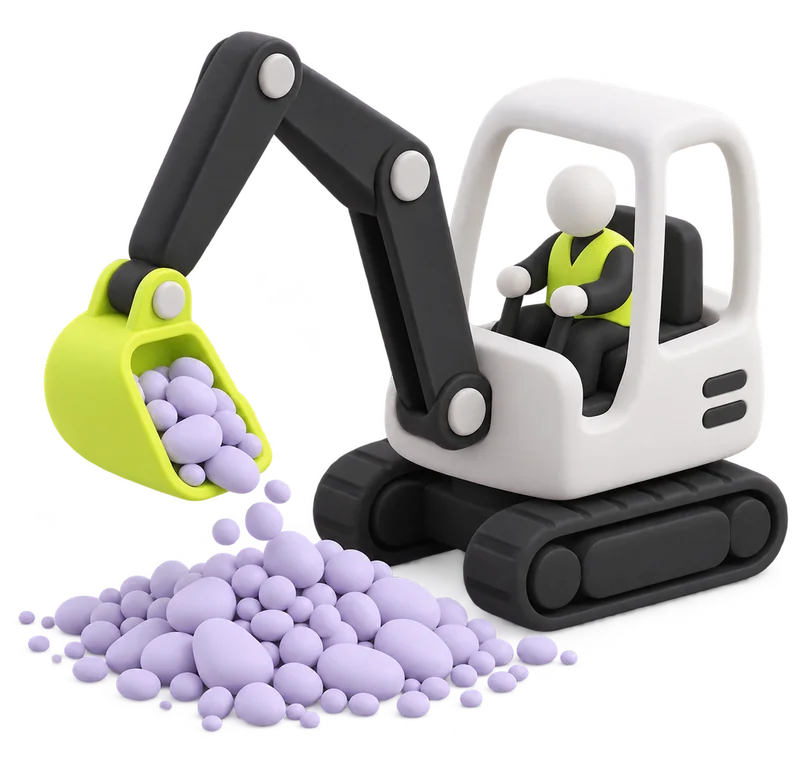 A mini excavator scooping lilac pebbles