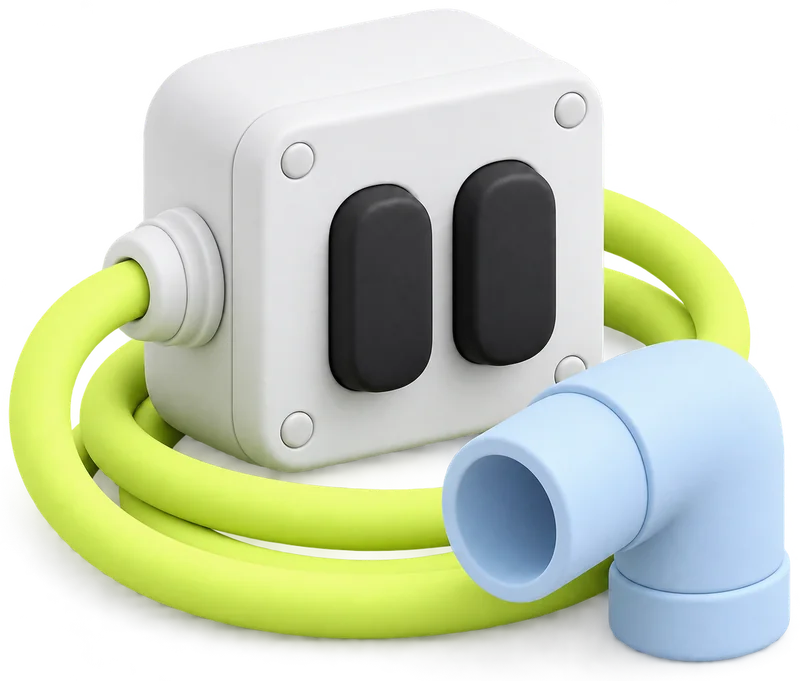 A junction box with a coiled lime cable and a pipe elbow