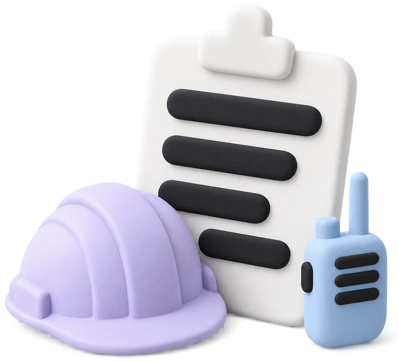 A clipboard, a safety helmet and a walkie-talkie
