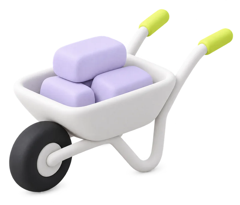 A wheelbarrow carrying lilac blocks