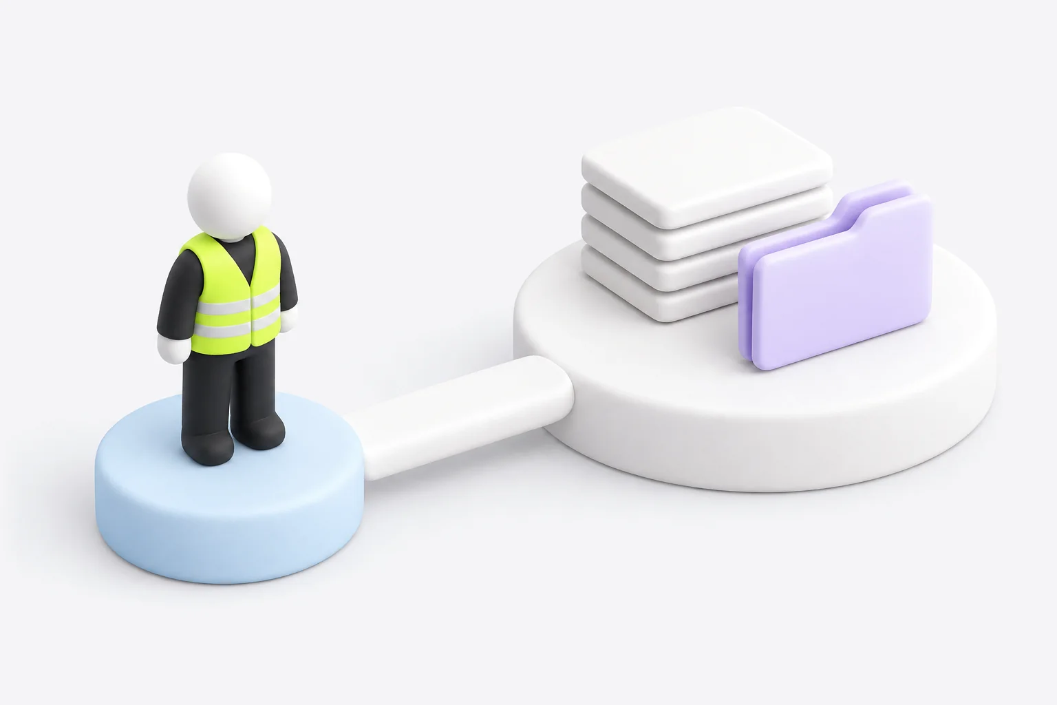 A worker on their own platform, linked by a bridge to a stack of documents