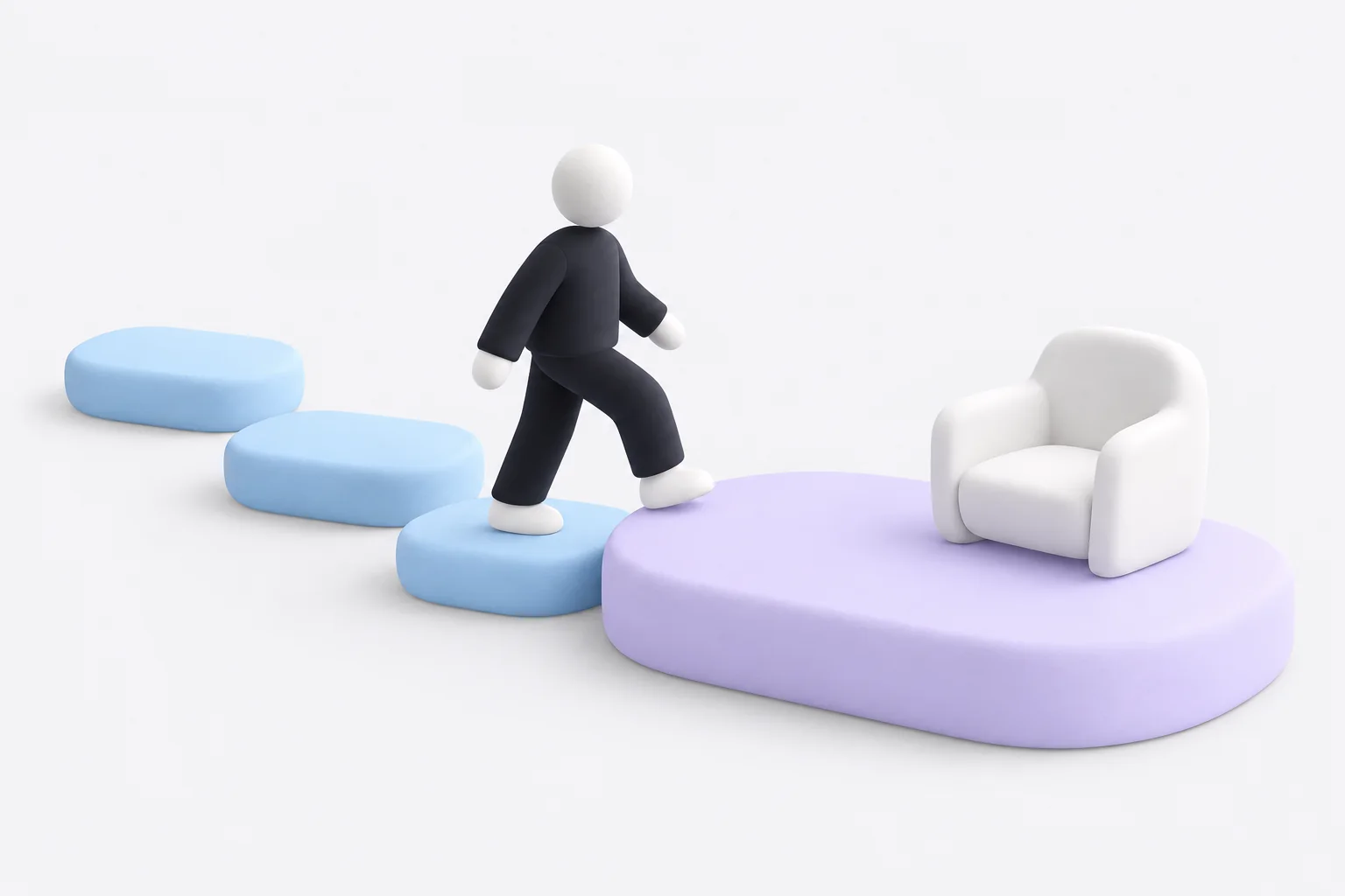 A figure stepping onto a platform where a chair is waiting