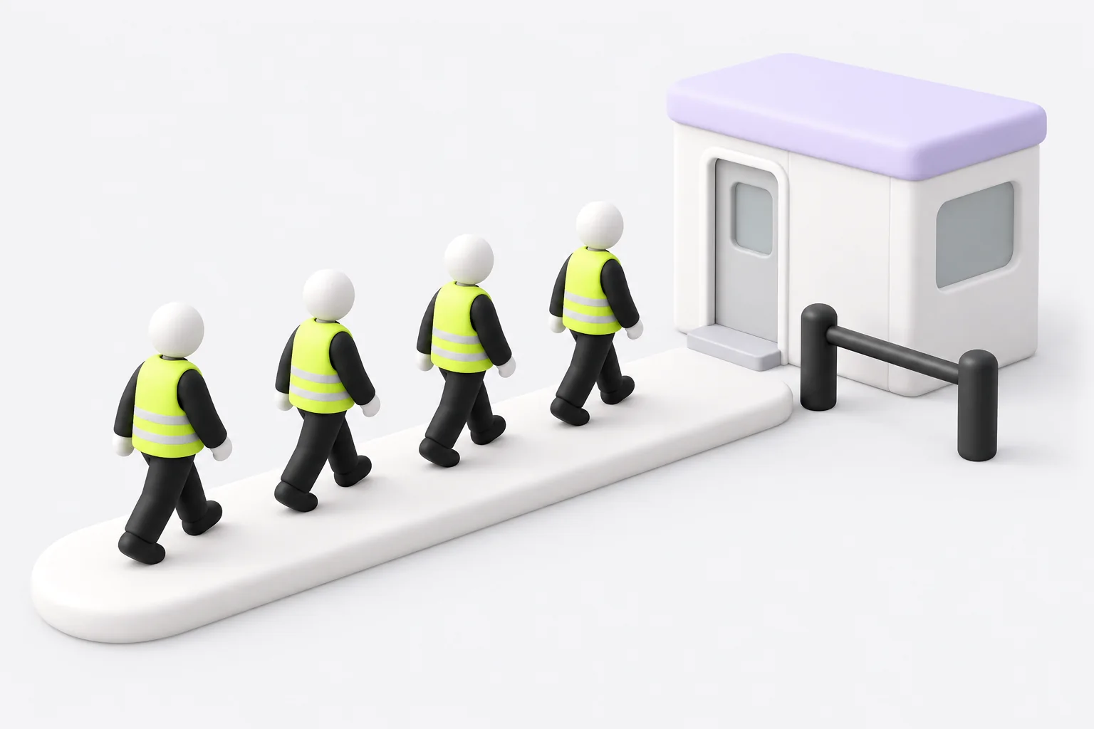 Site workers in hi-vis vests walking along a path to a site cabin