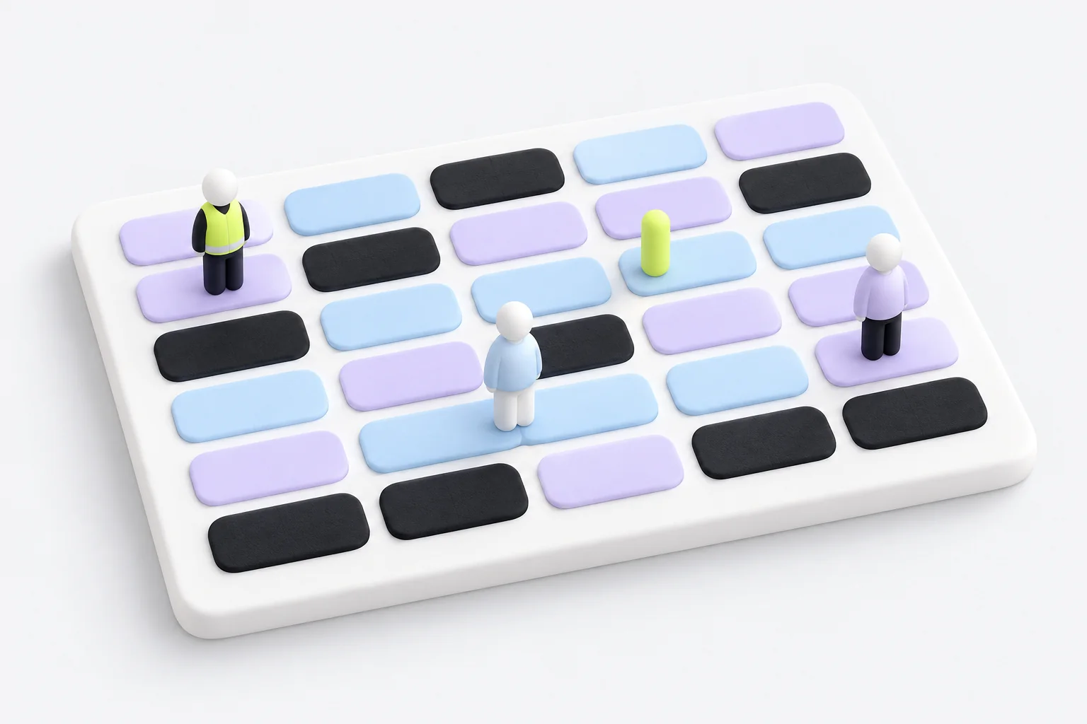 A schedule board of tiles with figures standing in their places