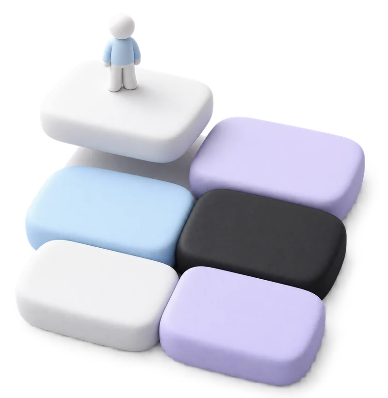 Six rounded tiles forming a grid, with a figure standing on top